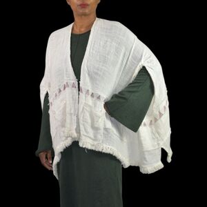 Free People Cotton Shawl Beige Fringe Kimono Textured Open Cardigan One Size